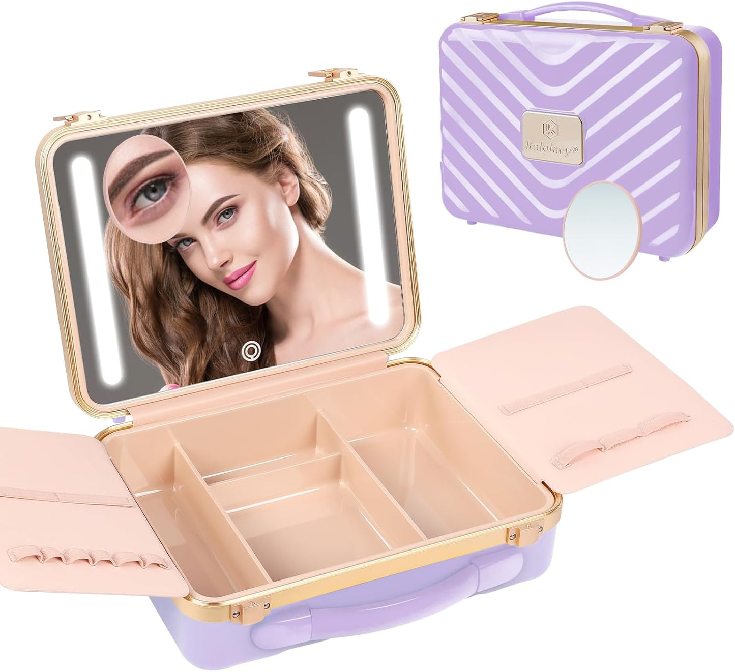 Kalolary Travel Makeup Train Cases with Lighted Mirror 3 Color Setting, Makeup Bag Cosmetic Case Organizer Adjustable Brightness Portable Makeup Storage Box with Detachable 5X Magnifying Mirror Purple