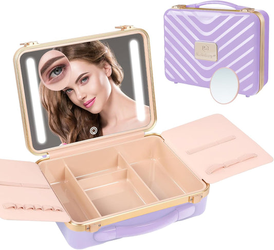 Kalolary Travel Makeup Train Cases with Lighted Mirror 3 Color Setting, Makeup Bag Cosmetic Case Organizer Adjustable Brightness Portable Makeup Storage Box with Detachable 5X Magnifying Mirror Purple