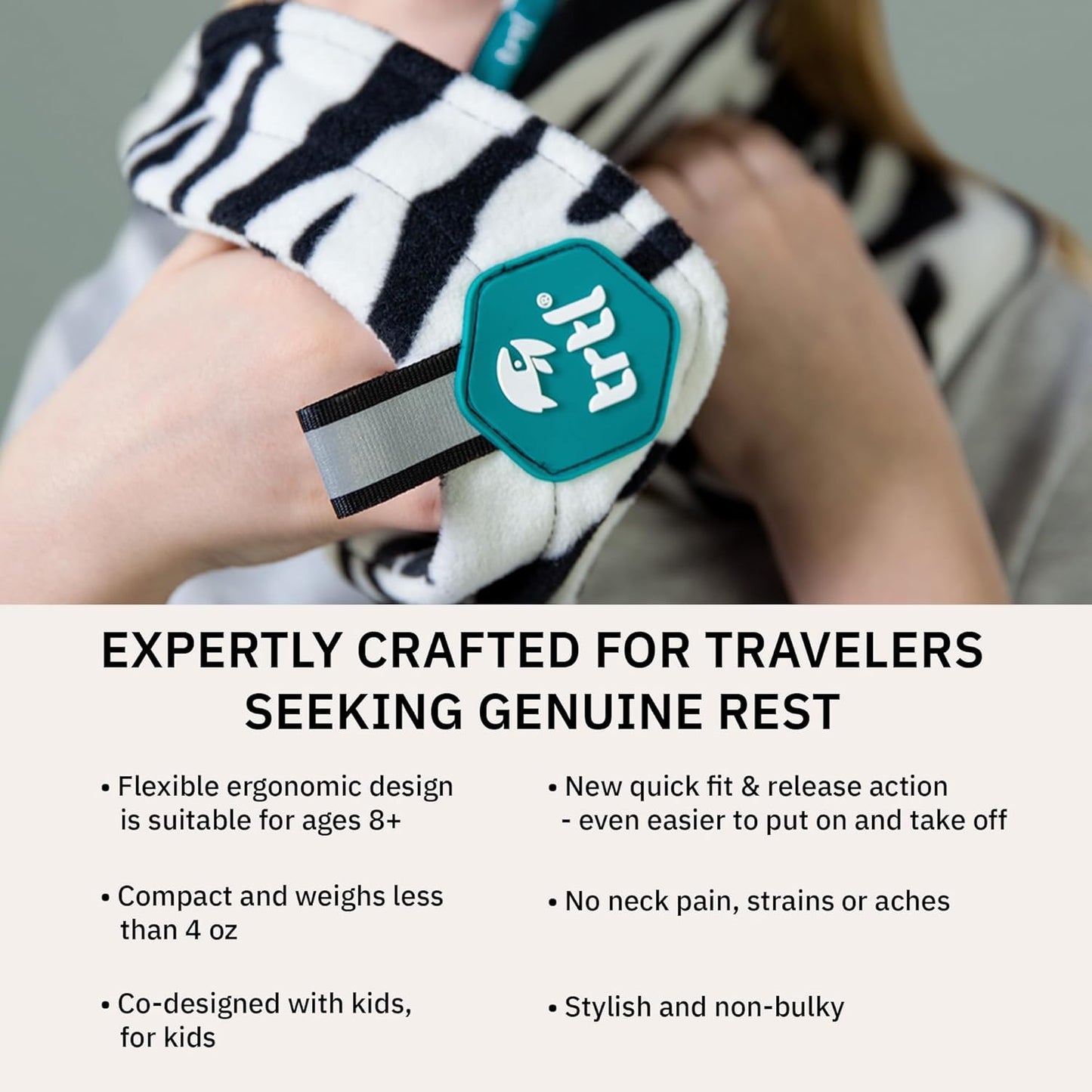 trtl Pillow - Scientifically Proven Super Soft Neck Support Travel Pillow - Machine Washable (Zebra, Junior)