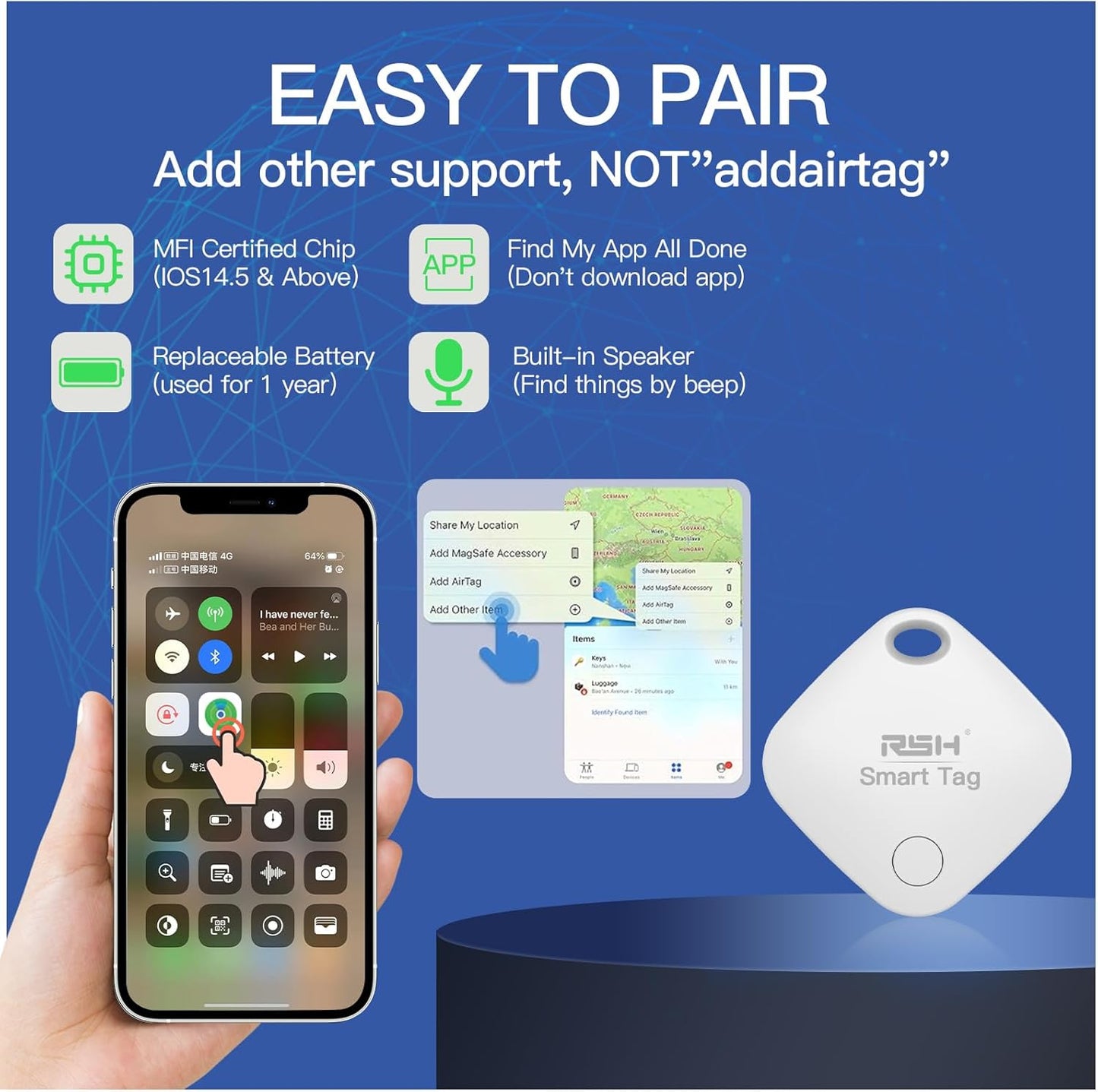 Air Tracker Tag 4 Pack Bluetooth Luggage Tracker tag Locator Works with Apple Find My,Smart Tracker for Suitcase, Bag, Backpack, Wallet,Replaceable Battery Smart tag Item Finder