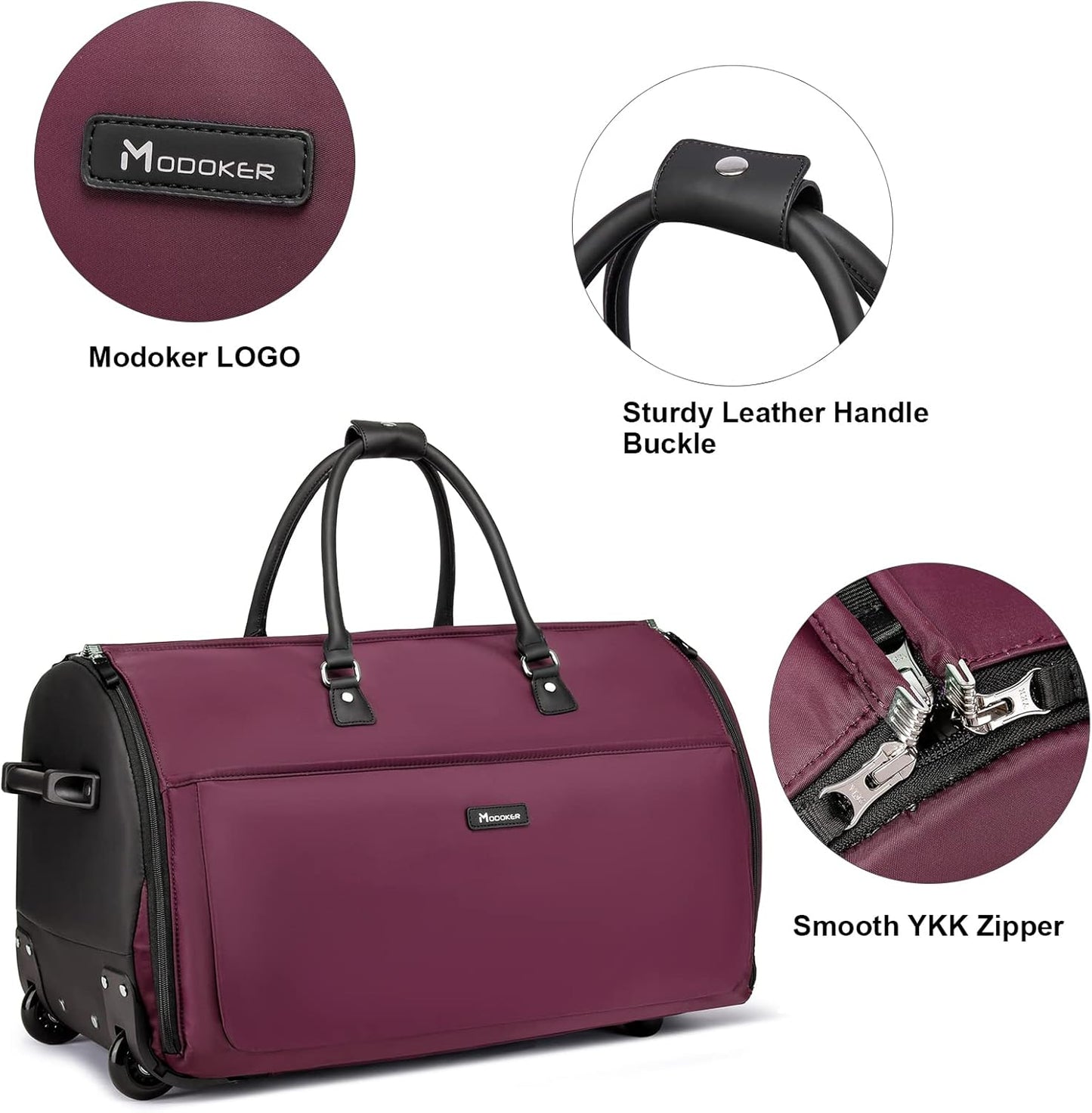 Modoker Rolling Garment Bags, Large Garment Duffle Bag with Wheels, 3 in 1 Garment Suit Luggage Bag for Women Men Business Travel Weekender, Red