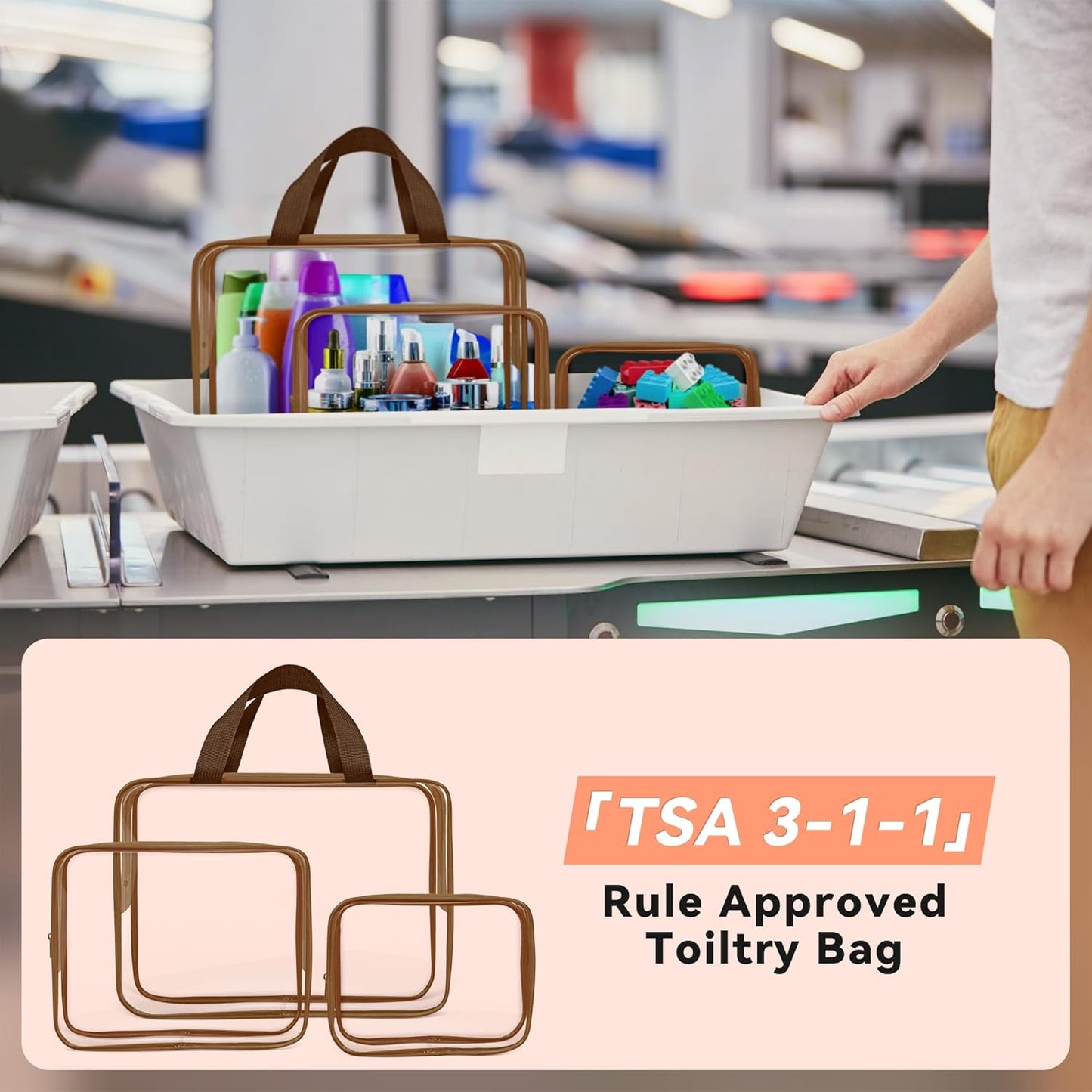 TISRATOK 10 PCS Clear Travel Makeup Toiletry Bag, Plastic PVC Cosmetic TSA Approved Organizer Kit with Zipper Handbag（Coffee）