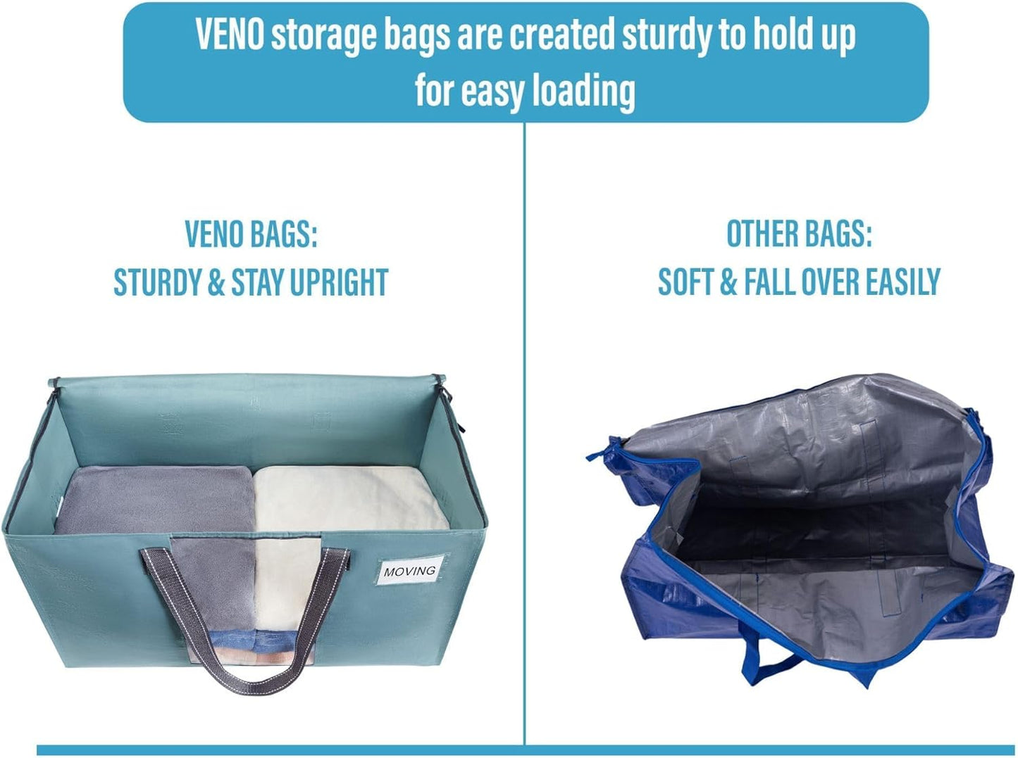 VENO 2 Pack Moving Bags, Comforter and Blanket Storage Bags for Closet, Moving Boxes, Boxes with Lids Alternative, College Dorm Packing Supplies, Foldable Heavy-Duty Tote (Shiny Light Blue, 2 Pack)