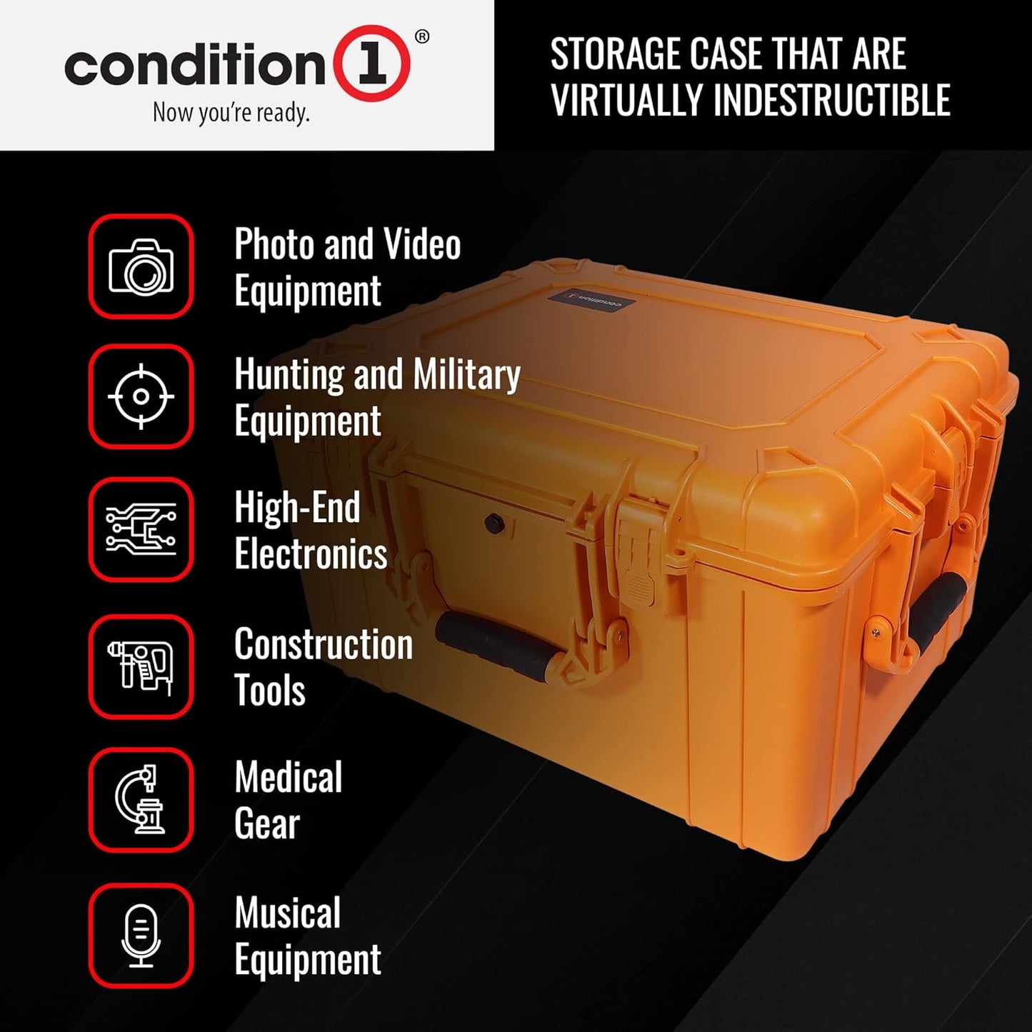 Condition 1 25" Large Heavy-Duty Protective Waterproof Hard Case, Model 024, Portable Storage Box with Customizable Foam, Camera, Tool, Hunting, Made in USA, 24.27"x19.40"x13.57" Orange