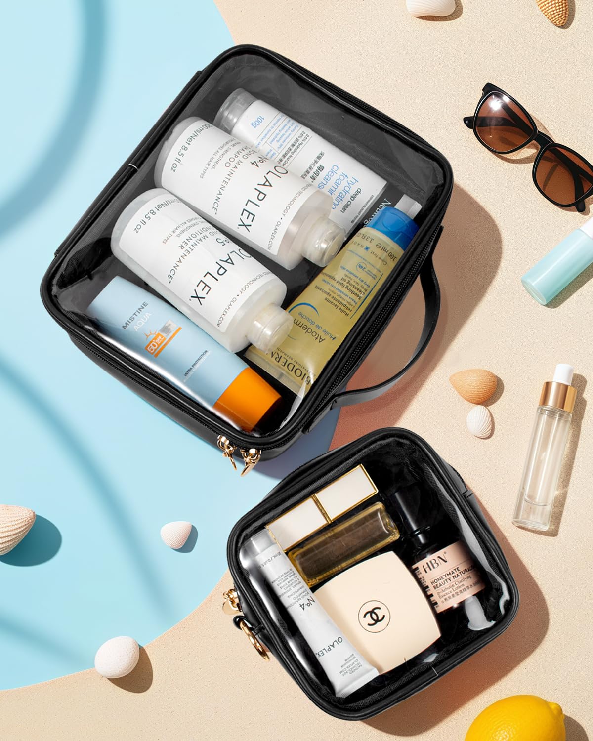 2pcs Clear Toiletry Bag TSA Approved Travel Bag,Carry On for Travel,Airport Airline Accessories Compliant Bag,Quart Sized Makeup Cosmetic bag Women Men (Large+Mini Black)