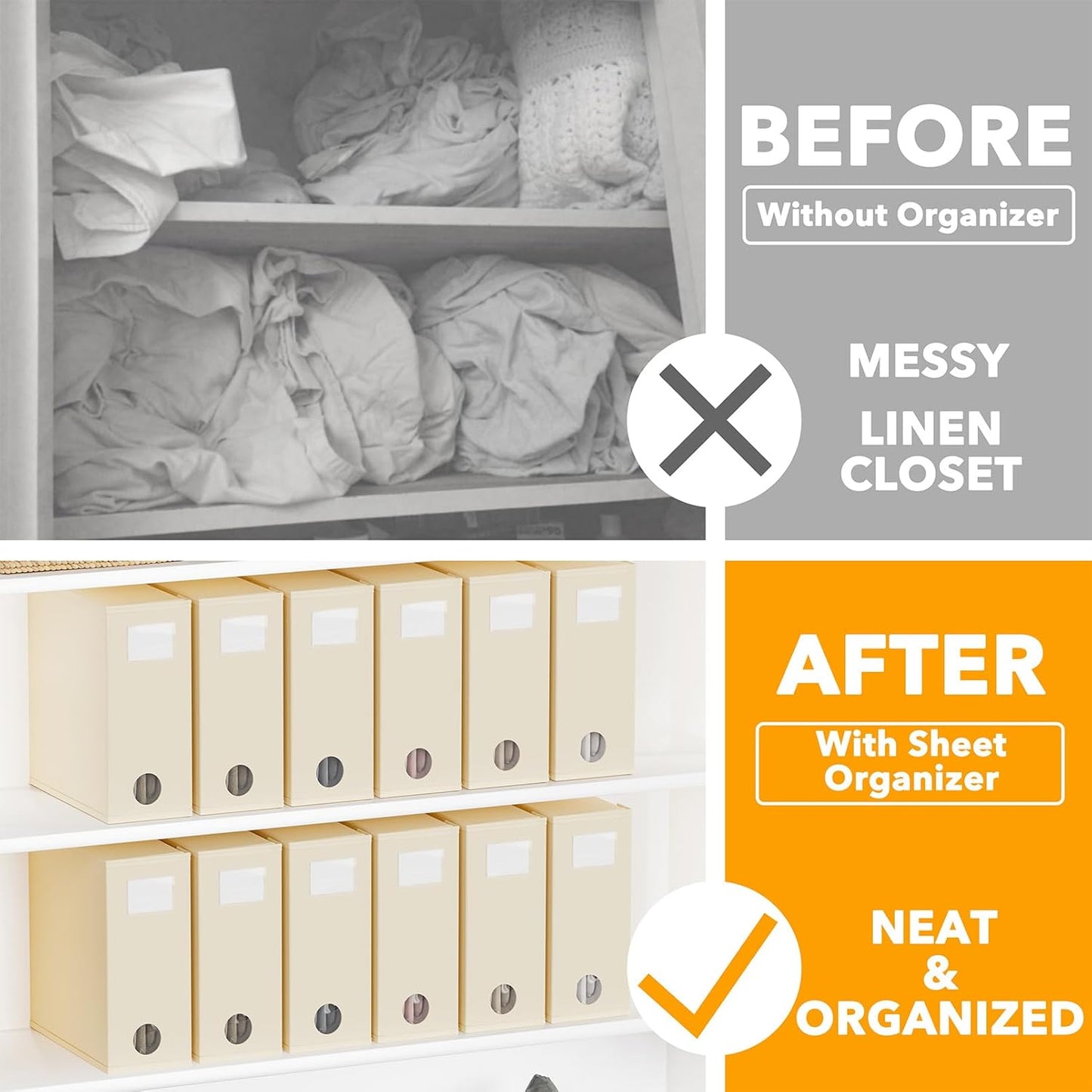 SpaceAid 12 Pack Bed Sheet Organizers and Storage, Foldable Organizer for Linen Closet, Set Folder Keeper With Window XL (Queen & King Size) Bedding Container (Beige)