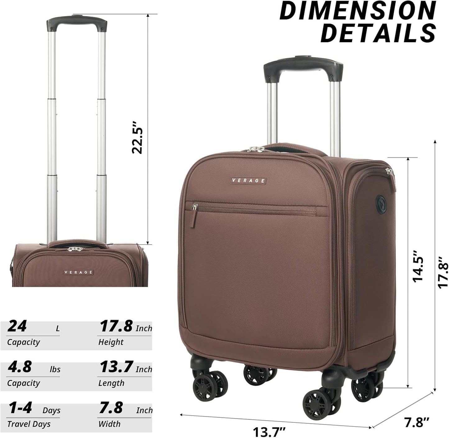 Verage Underseat Carry On Luggage with Wheels, 14.5-Inch Spinner Small Suitcase, Softside Lightweight Travel Bag for Men and Women, Airplane Carry On Bag, Chestnut Brown