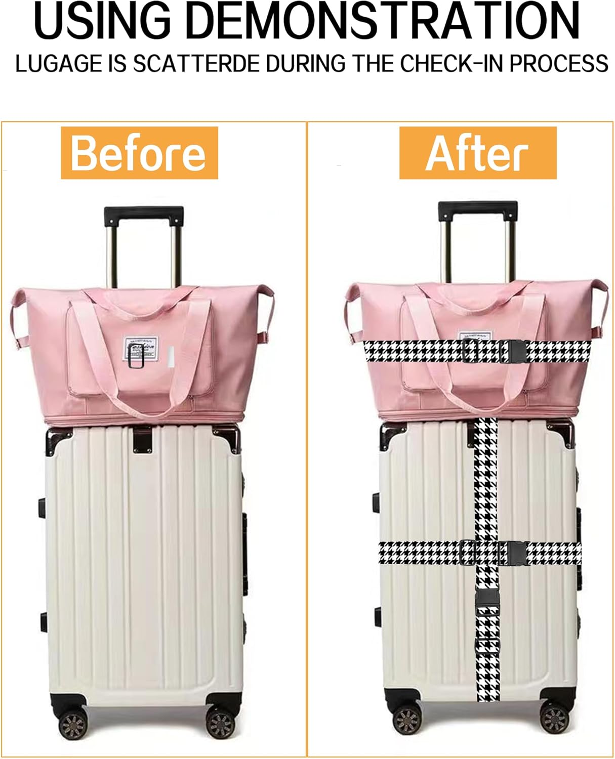 Luggage Straps for Suitcases, Adjustable Travel Belt, Durable Wide Luggage Strap, Cute Suitcase Strap Identifiers with Buckle, Bag Straps for Luggage, Black White Houndstooth