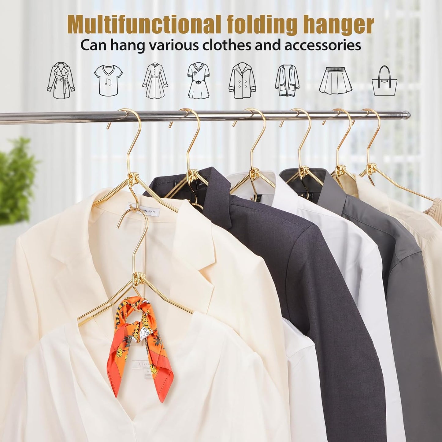 VWV 10P Gold Hanger, 15.35 Inch Fashion Metal Folding Clothes Hanger, Lightweight and Sturdy Folding Clothes Hanger Perfect for Hotels, Traveling, Camping, etc.