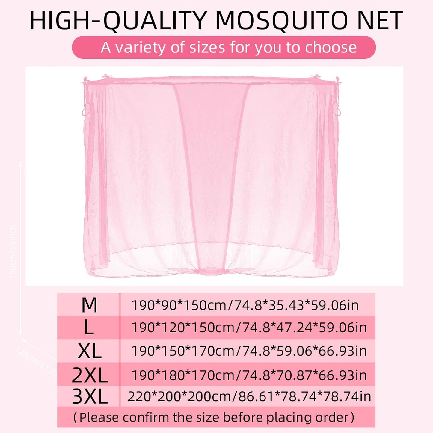 4 Corners Mosquito Net for Mosquiteros para Camas Bed Canopies Netting Bed Drapes Rectangular Mosquito Mesh for Camping Home Outdoor Travel(Pink,L75 X W59 X H67 Inch,Opening)