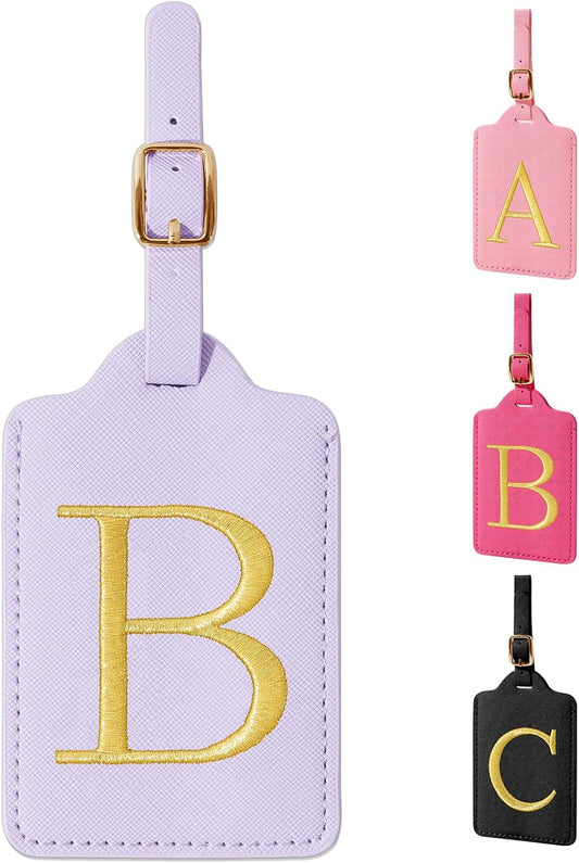 Personalized Initial Luggage Tags for Suitcase, Purple Leather Cute Luggage Tags with Privacy Cover Name Card, Embroidered Custom Monogrammed Luggage Tag Travel Backpack Tags Gifts for Women Kids(B)
