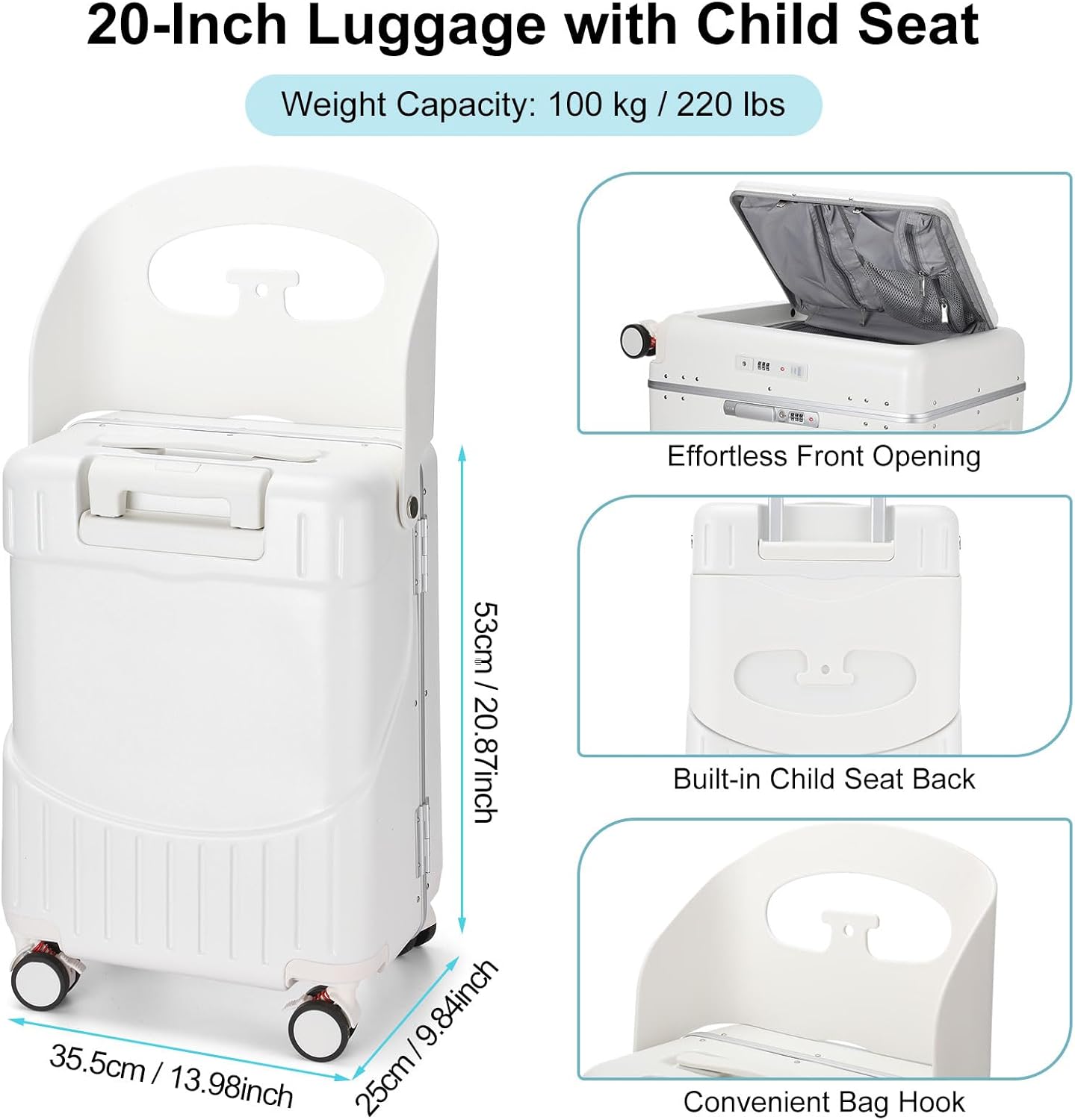 20 Inch Ride on Luggage with Seat for Kids Top Opening Aluminum Frame Suitcase with Spinner Wheels Locks for Travel(White)
