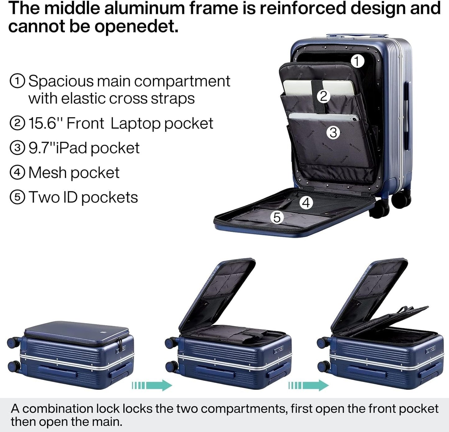 Hanke 20 Inch Carry On Luggage with Front Pocket Aluminum Frame, Hard Shell Suitcases with Wheels, Rolling Luggage, Suitcase with Lock, Travel Luggage for Weekender, Dark Blue