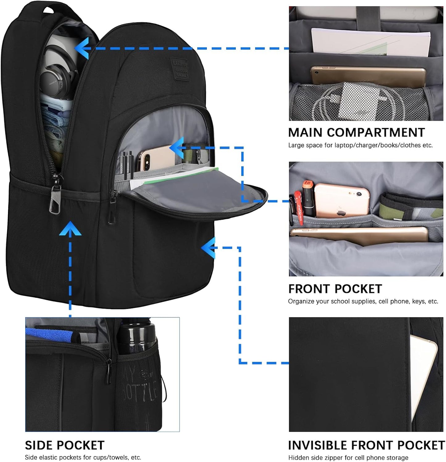 LARIPOP Travel Laptop Backpack,15.6 Inch Business Laptop backpack for Men Women with USB Charging Port,Water-Resistant Laptopack Weekender Daypack for Work College Computer