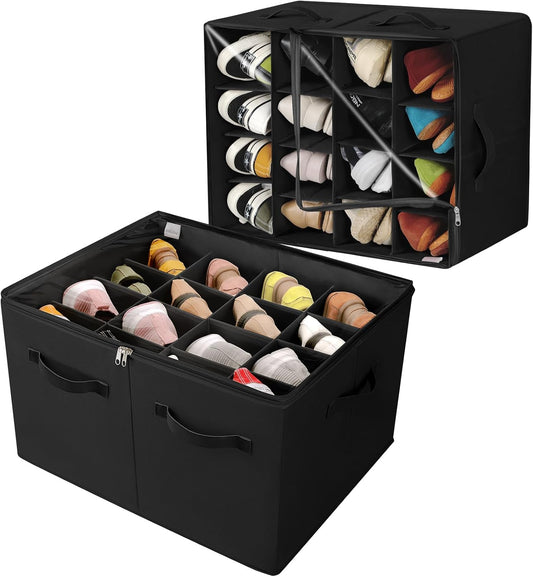 Shoe Organizer for Closet 2 Pack, Foldable Shoe Box with Adjustable Dividers and Clear Cover, Space Saving Shoe Storage Organizer Cabinet with Reinforced Handles, Fits 32 Pairs, Black TP12B