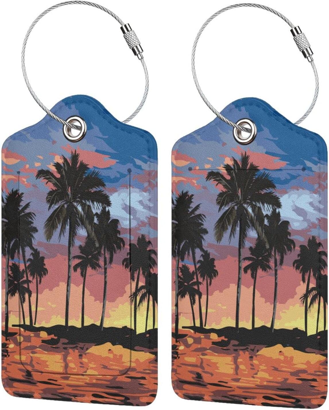 2Pcs Summer Palm Tree Luggage Tags, Beach Landscape Name ID Identifier Labels for Suitcase Baggage Travel Bag, Aesthetic Leather Bag Tags with Loop