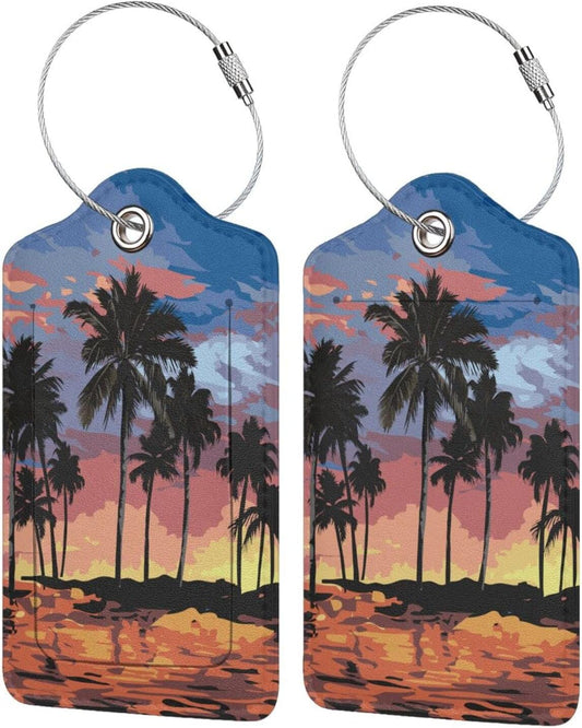 2Pcs Summer Palm Tree Luggage Tags, Beach Landscape Name ID Identifier Labels for Suitcase Baggage Travel Bag, Aesthetic Leather Bag Tags with Loop