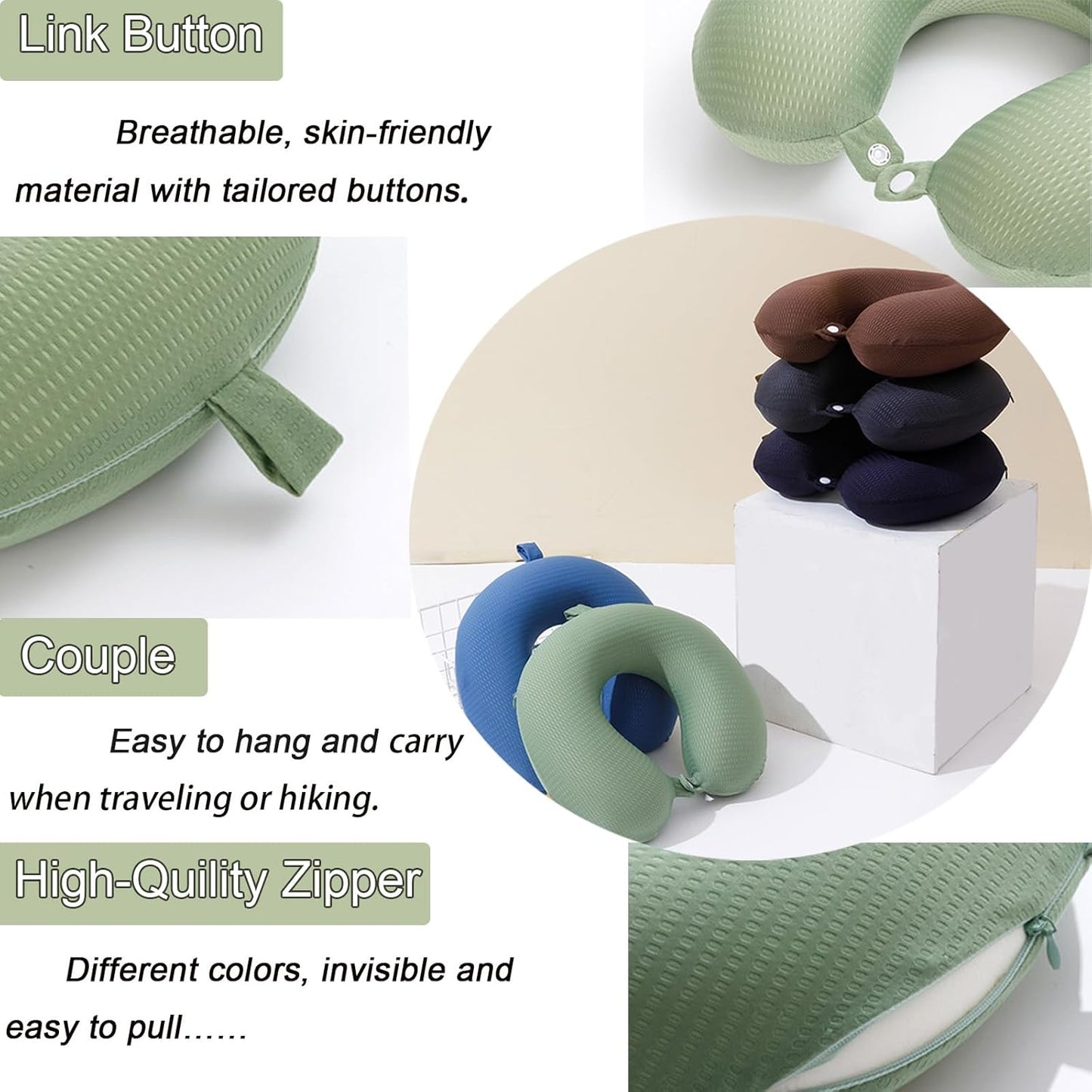 Travel Neck Pillow Cover, Neck Pillow Case with Zipper, Cooling, Pure, Soft and Smooh, Airplane Pillow Sleep Replacementt Washable (Only Pillow Covers, no Filler)