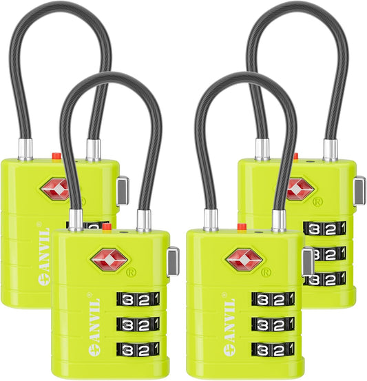 ANVIL TSA Approved Luggage Locks – High Security TSA008 Combination Travel Locks with Inspection Indicator for Suitcases and Backpacks. (4, Grass Green)