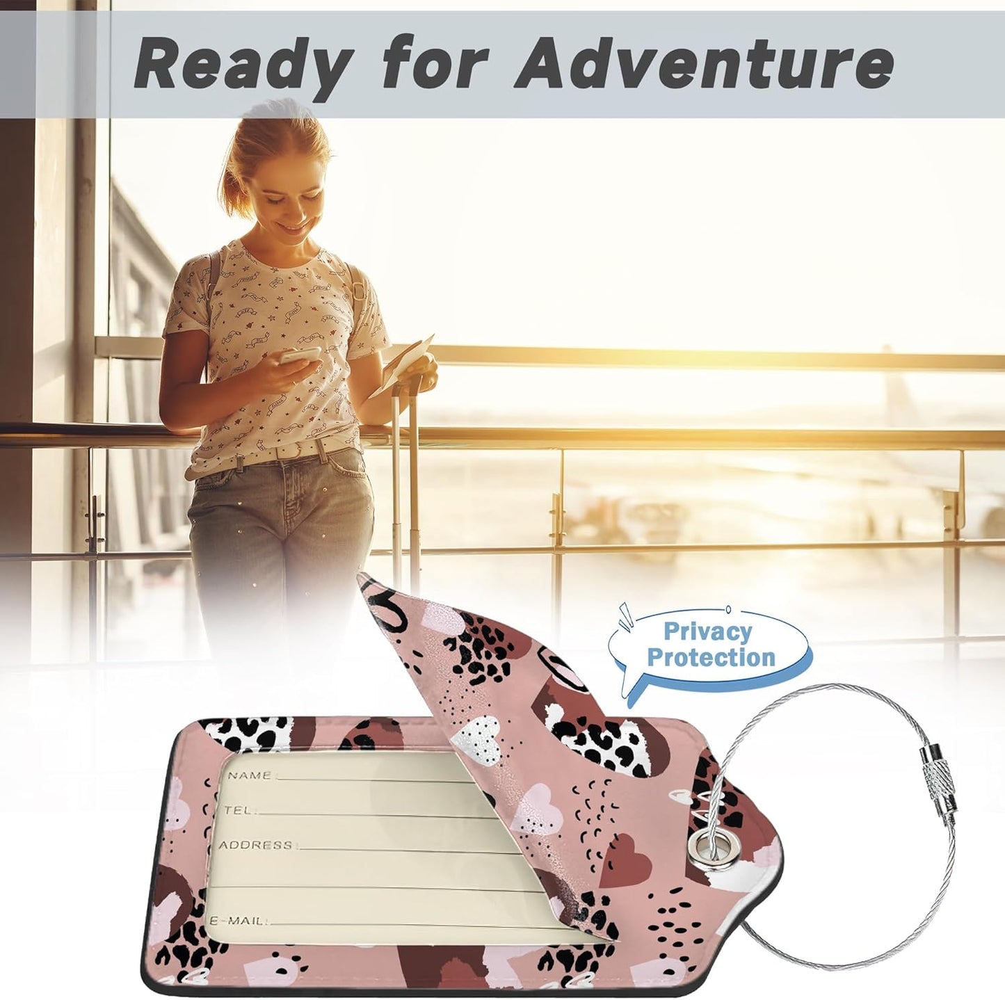 Set of 2 Luggage Tag for Suitcases LeatherAbstract Leopard Print Hearts Tags with Stainless Steel Loop Privacy Name ID Card Cover Travel Bag Labels Set for Women Men Kids Girls