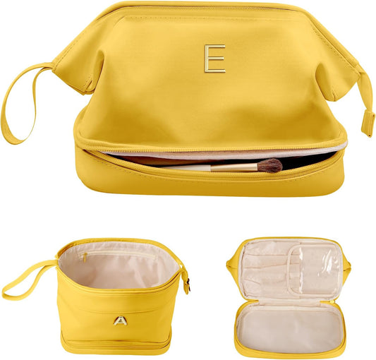 Senior Gifts, Initial Makeup Bag, Travel Gifts, Personalized Bags, Waterproof Double Layer Cosmetic Bag, Large Capacity PU Leather Makeup Bags Letter Travel Toiletry Bag, Friend Gifts