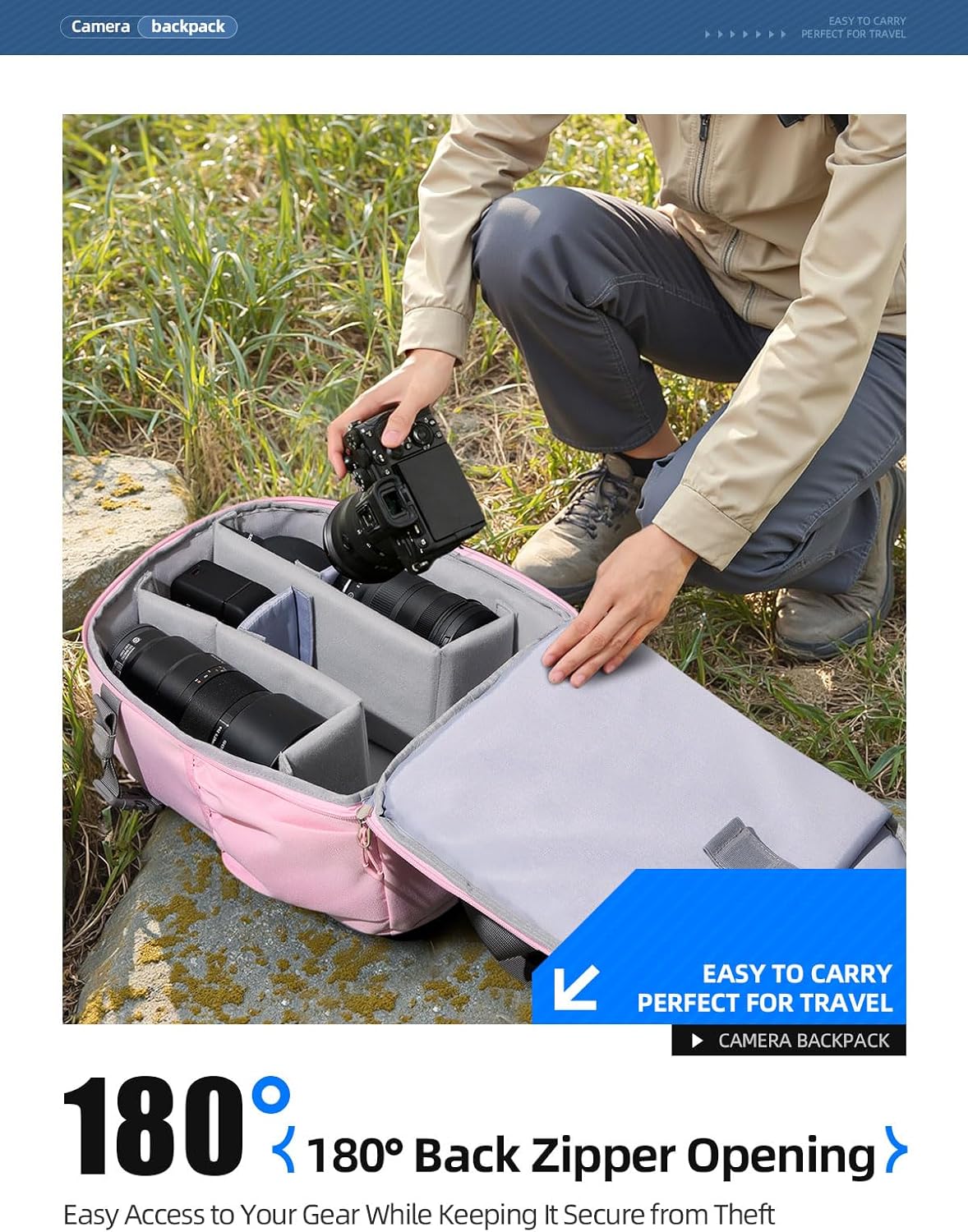 llano Compact Camera Backpack for DSLR/SLR/Mirrorless,Photography Bag with Laptop Slot (for 14" MacBook) & Tripod Holder, Ideal for Travel & Outdoor (for Canon, Nikon, Sony), Small, Pink,10L Capacity