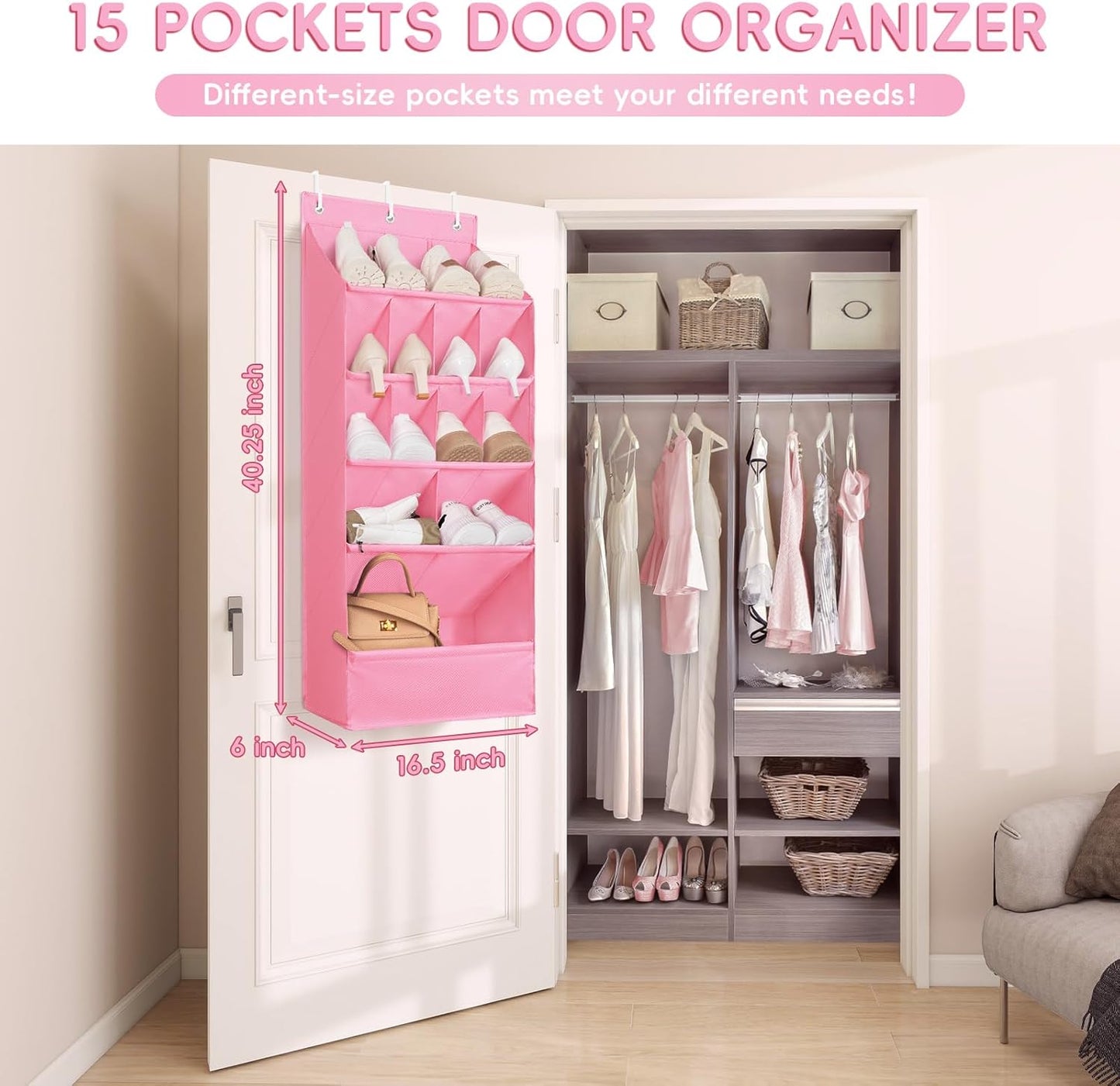 FENTEC 1 Pack Over-the-Door-Shoe-Organizers, Hanging Shoe Organizers with Large Pocket Shoe Holder Hanging Shoe Rack for Closet Shoe Organizer for Wall, Over Door Organizer with 15 Pockets Pink