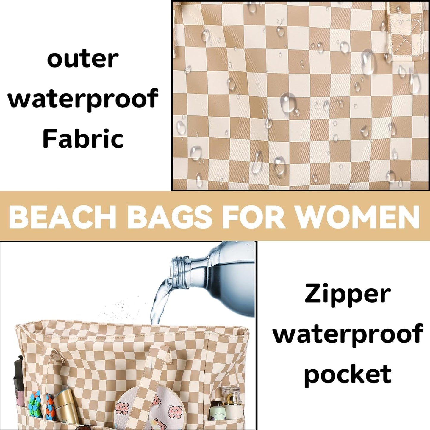 LEDAOU Large Beach Tote Bag Women Waterproof Sandproof Zipper Beach Tote Bag for Pool Gym Grocery Travel with Wet Pocket