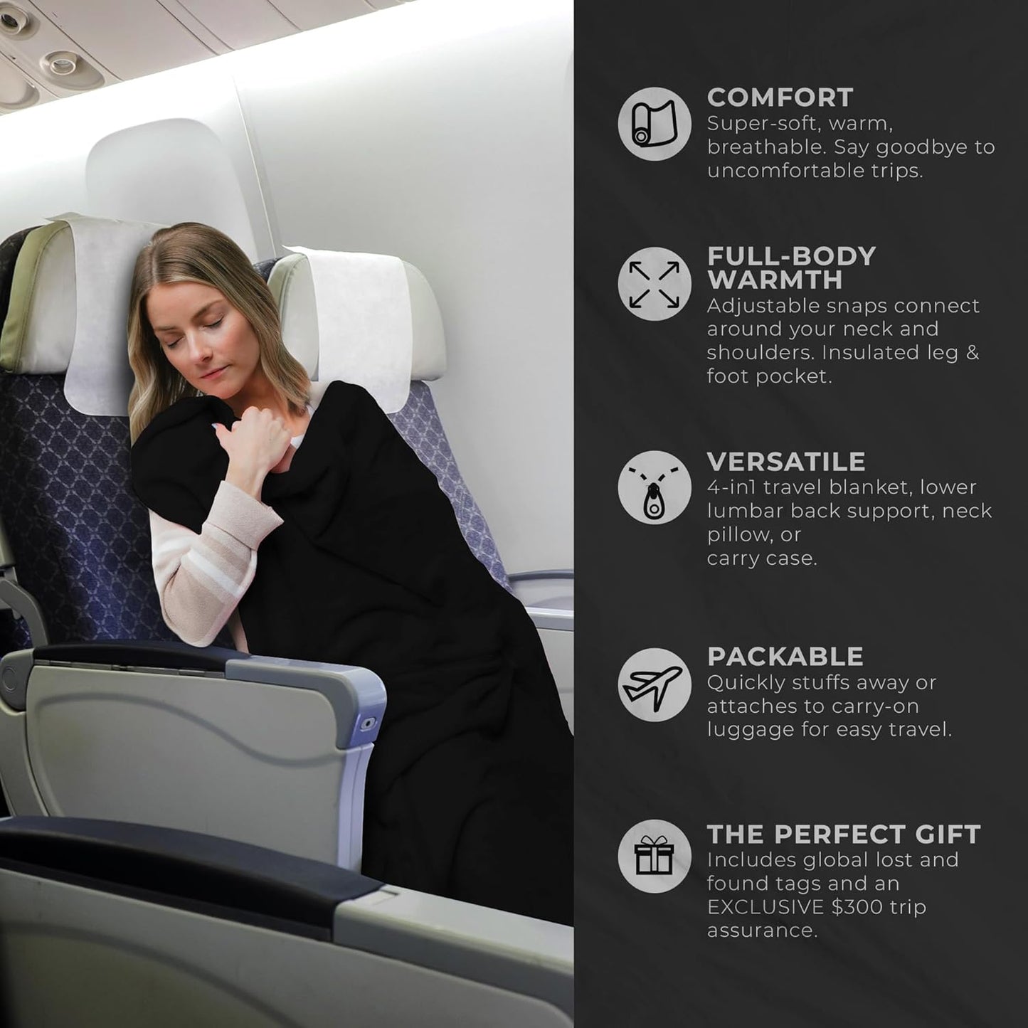 Lightweight Travel Blanket - Premium & Compact Airplane Wearable Blanket with Neck Snaps, Cozy Foot Pockets, Zipper Pouch - Converts into Soft Pillow - Designed for Ultimate Comfort - Midnight