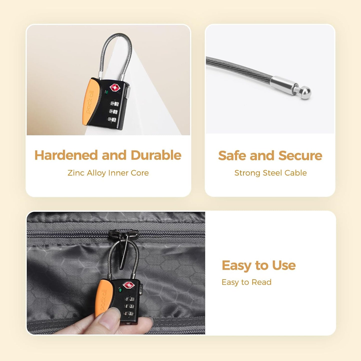 pack all TSA Approved Cable Luggage Locks, 3 Digit Combination Padlocks, Travel Lock for Suitcases & Bag, Alloy Body, Travel Accessories (1 Pack)（Orange）
