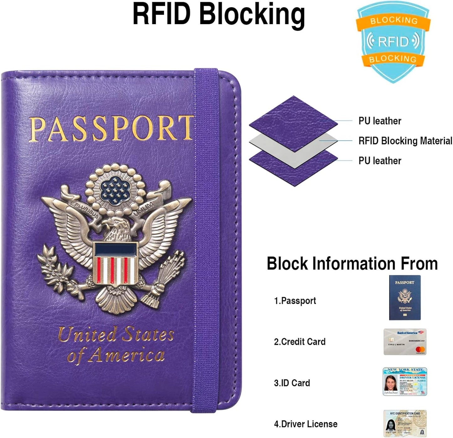 Passport Holder for Travel Passport Cover for Men Passport Wallet Case With 3D Metal Badge Protector Leather Card Case RFID Blocking Women Travel Accessories Document Organizer (Purple)