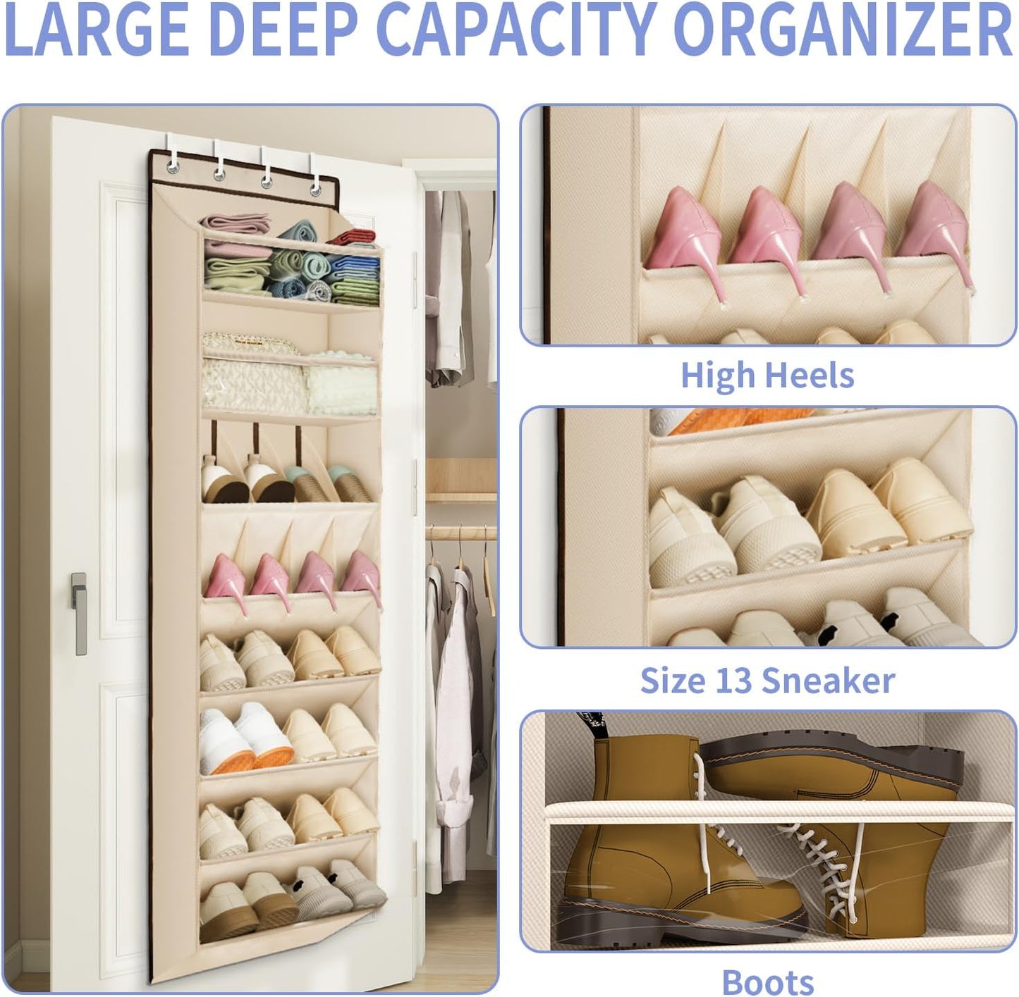 FENTEC 1 Pack Over The Door Shoe Organizer, 68" Exlarge Deep Pockets Hanging Shoe Organizers, 8-Tier Shoe Rack for Closet, Shoe Holder for Boots,Over Door Organizer in Home, RV, Dorm, Beige