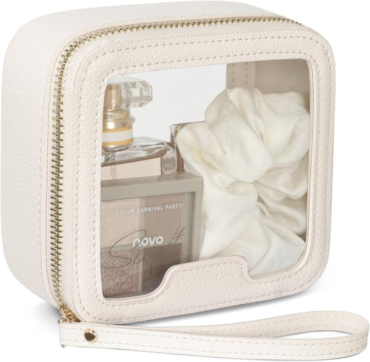 PACKISM Small Clear Makeup Bag - Pebbled Texture & Hard PU Leather Mini Makeup Bag for Purse, Cosmetic Travel Bag Car Bag for Essentials for Women Gift Daily Use (Cream Mini)