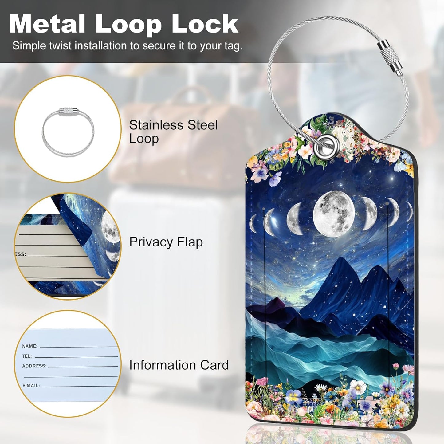 2Pack Luggage Tags for Suitcases, Cute Unique Pu Leather Cruise Luggage Tag with Privacy Cover ID Label Address Card and Metal Ring Suitable for Women Men Kids Travel Bag Mountains and The Moon