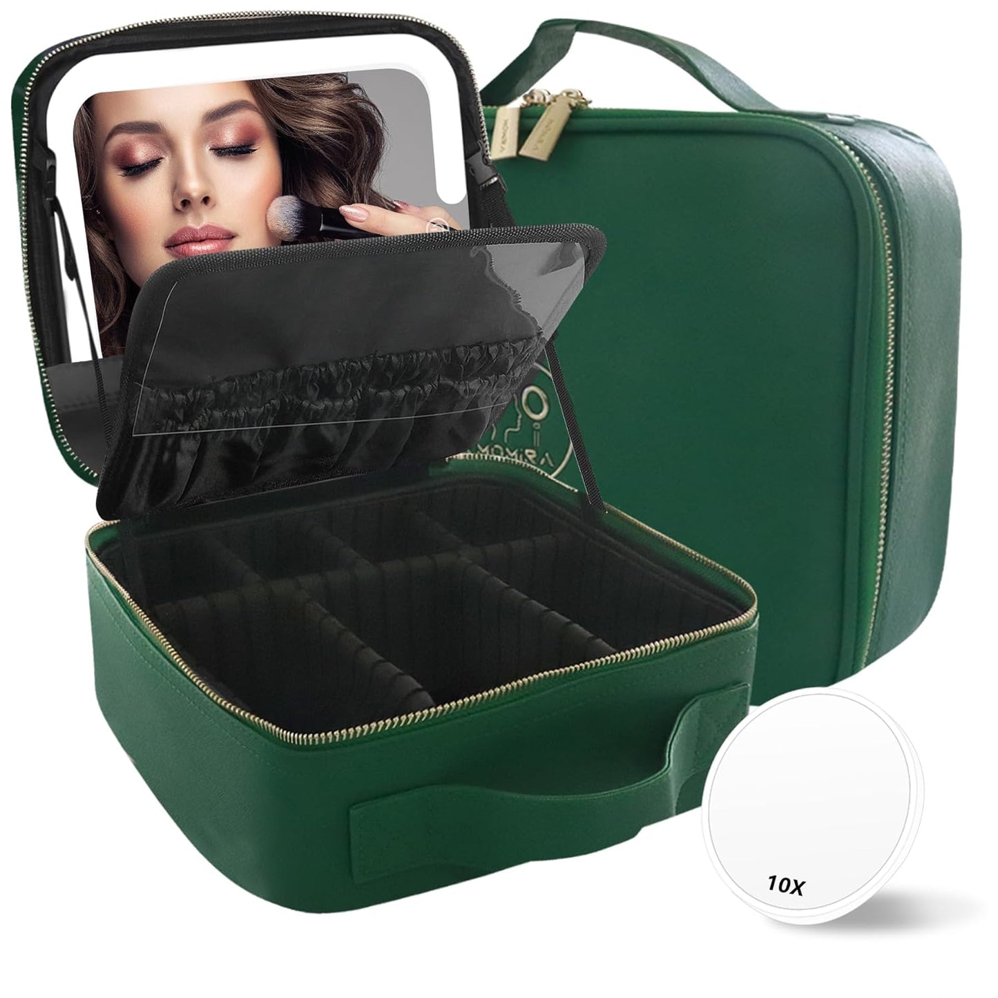 MOMIRA Travel Makeup Bag Cosmetic Bag Makeup Organizer Bag with Lighted Mirror, Adjustable Brightness in 3 Color Scenarios, Waterproof Makeup Train Case, Gift for Women - Emerald green
