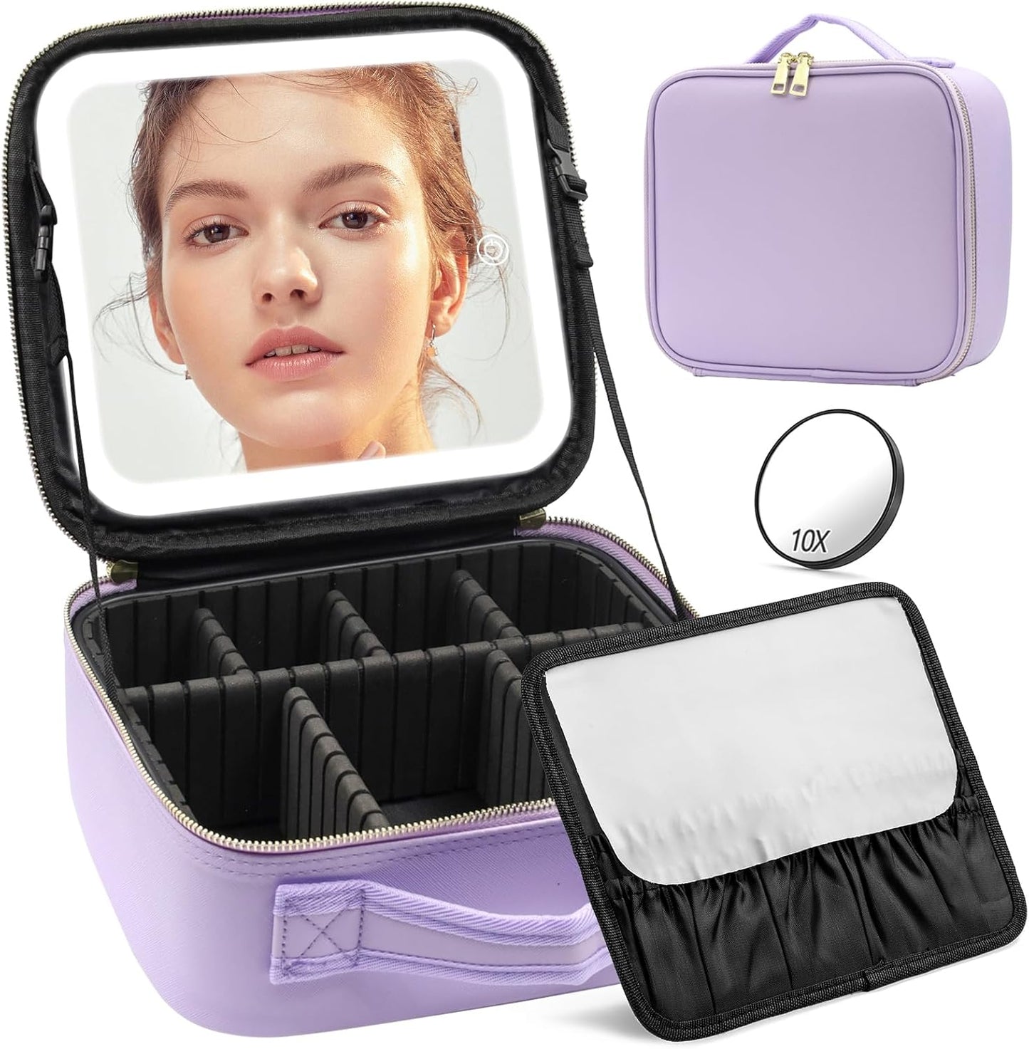 Travel Makeup Bag with Lighted Mirror, Makeup Organizer Bag with 3 Color Modes Adjustable Brightness, Makeup Bag with Mirror and Lights Portable Cosmetic Bag Tools Accessories Gift (Purple)