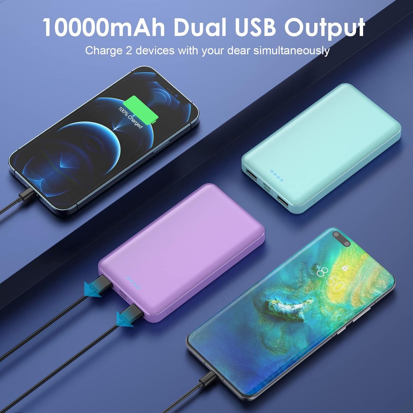 [2 Pack] Portable Charger Power Bank 10000mAh,Ultra Slim Compact External Battery Pack with USB C Input & Dual USB Outputs Backup Charger Compatible with iPhone 13,12, Samsung S20,Tablet-Green+Purple