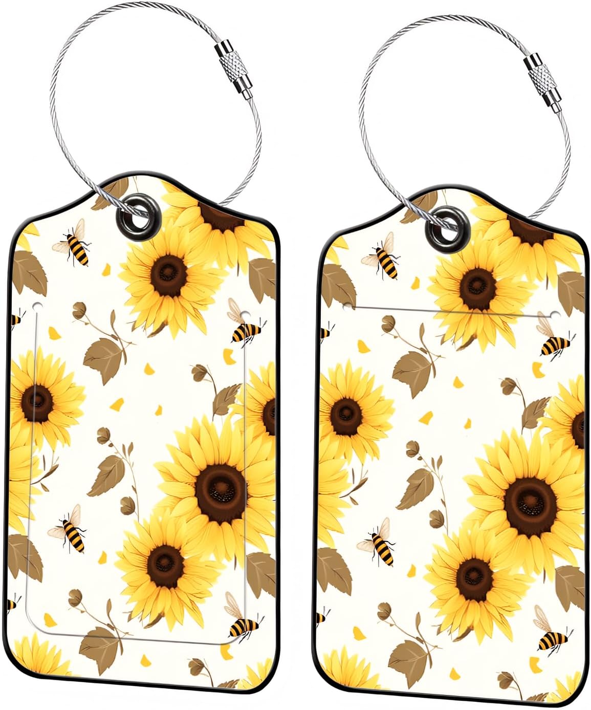 Luggage Tags for Suitcases, 2-Pack PU Leather for Cruise & Travel, Baggage ID Tags with Privacy Cover & Address Card, Durable Metal Ring, Kids Adults Travel Accessories, Sunflower Buzz