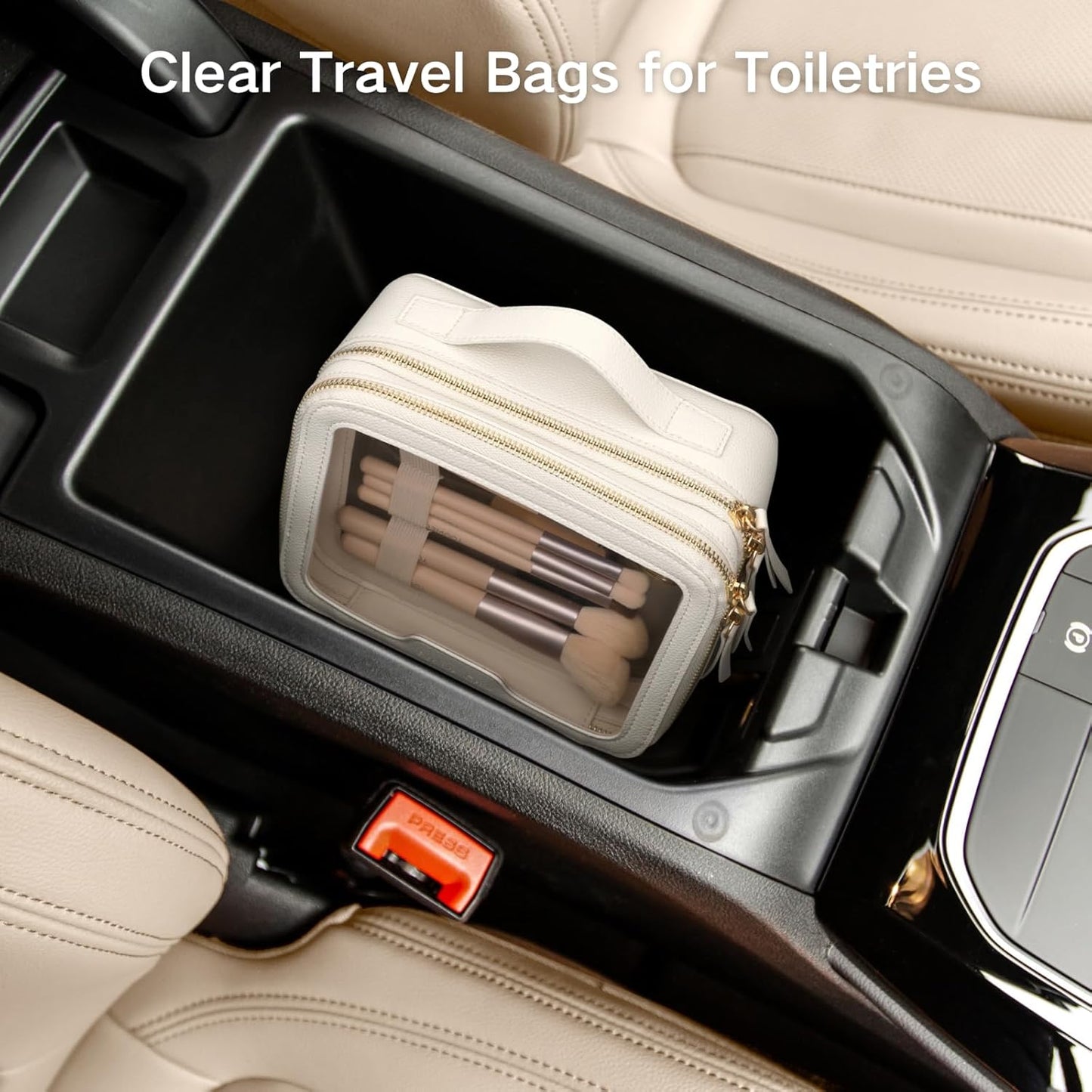 PACKISM Double Layer Clear Makeup Bag - Pebbled Texture & Hard PU Leather Car Bag Organizer for Car Essentials, with Message Card Travel Cosmetic Bag for Women Gift (Cream 2 Layer)