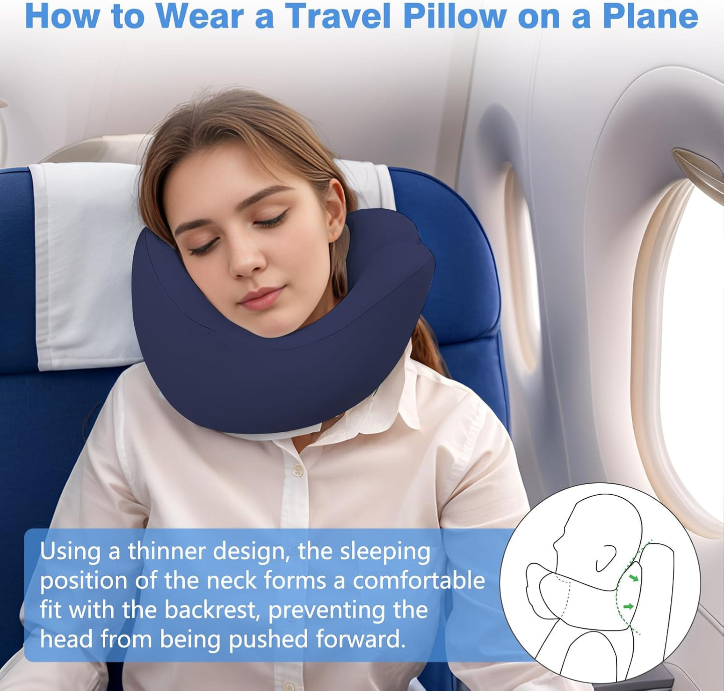 Neck Pillow Airplane, Advanced Neck Support for Long Flights, Ergonomic Memory Foam U Shape Pillows for Travel, Camping, Buses, Studying, Offices (Dark Blue)