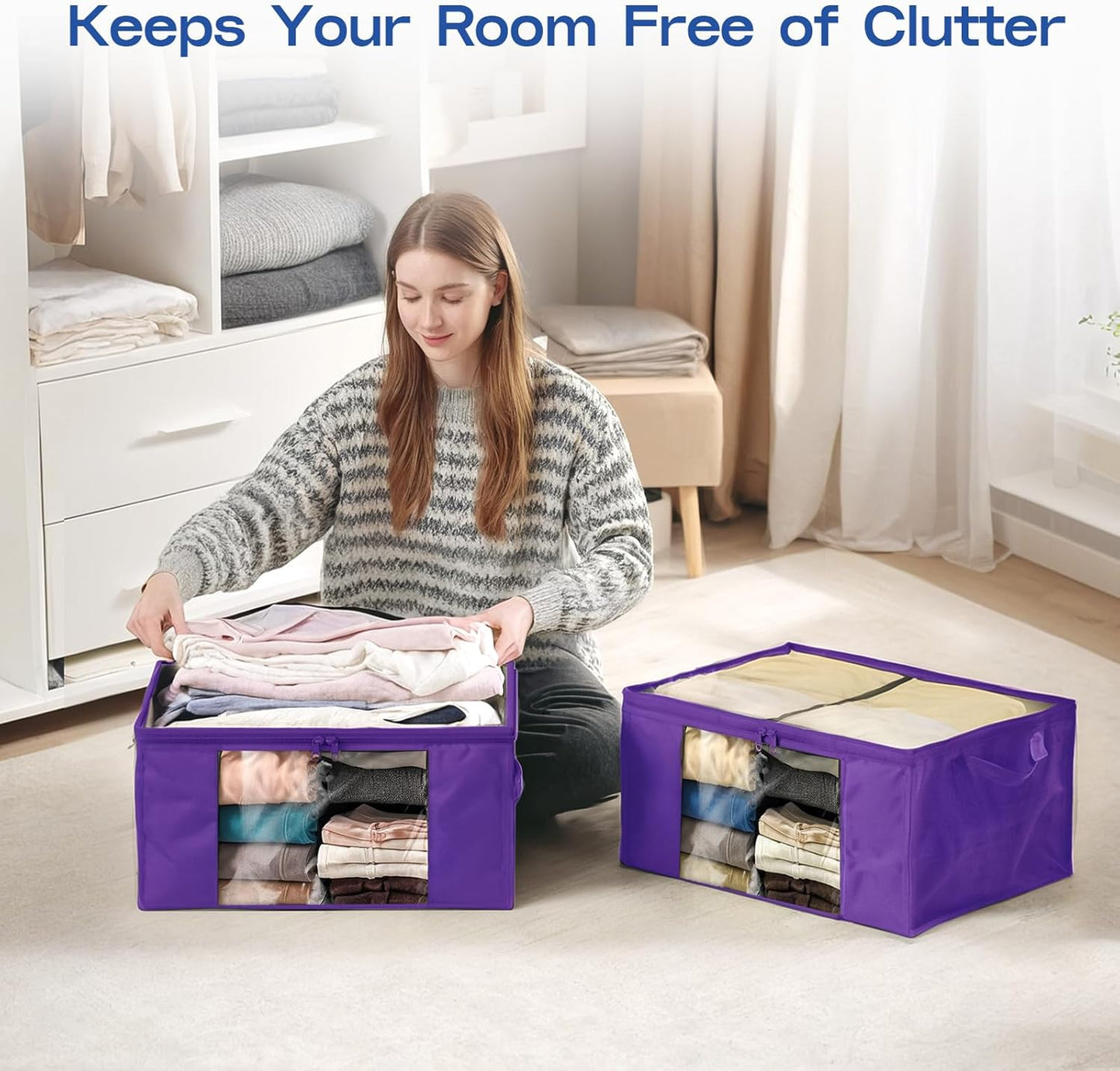 Clothes Storage Bags, Foldable Thick Fabric Blanket Storage Bags, Large Clear Window & Carry Handles, Great for Clothes, Blankets, Closets, Pillows, Toys (Purple, 4PACK)