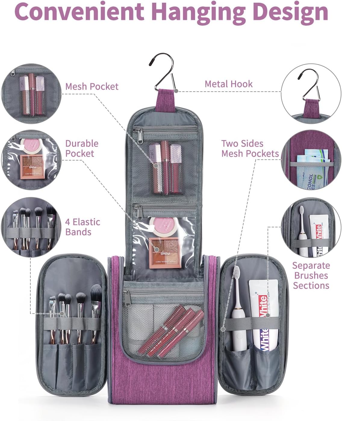 Narwey Small Hanging Toiletry Bag Women Travel Makeup Bag Organizer Toiletries Bag for Travel Size Essentials Accessories Cosmetics (Medium, Dark Purple)