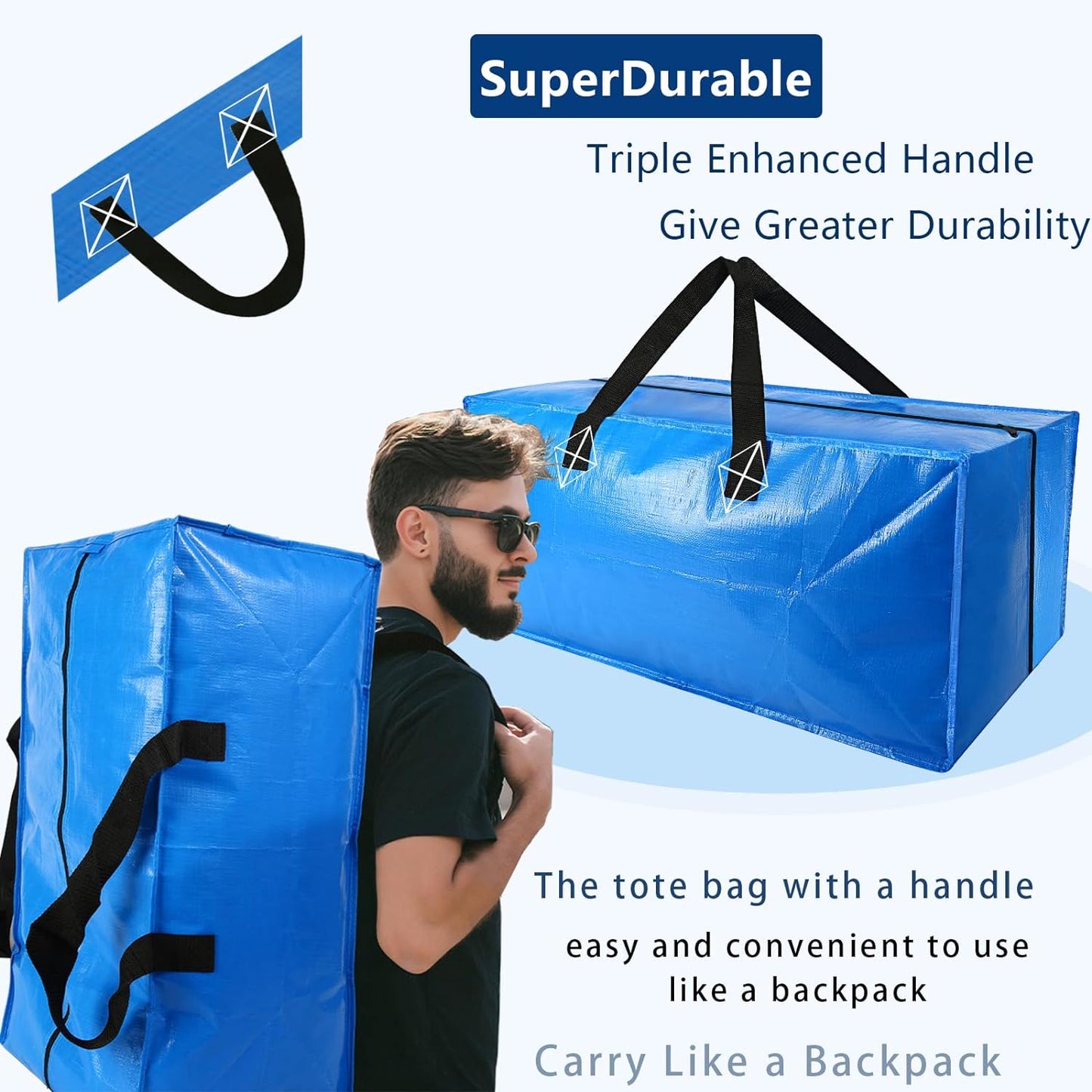 6 Pack Heavy Duty Extra Large Moving Bags Storage Tote - Strong Handles& Backpack Straps - Space Saving Storage Bags Alternative to Moving Boxes and Bins,Compatible with Ikea Frakta Cart, Blue