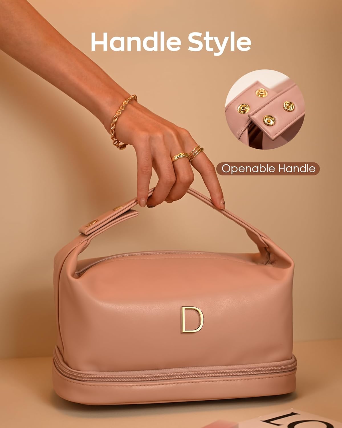 Birthday Gifts for Mom, Personalized Makeup Bag with Handle, Initial Double Layer Cosmetic Bag with Makeup Brush Organizer, Pink Gift Bags Travel Toiletry Bag, Gifts for Friends Female Mom