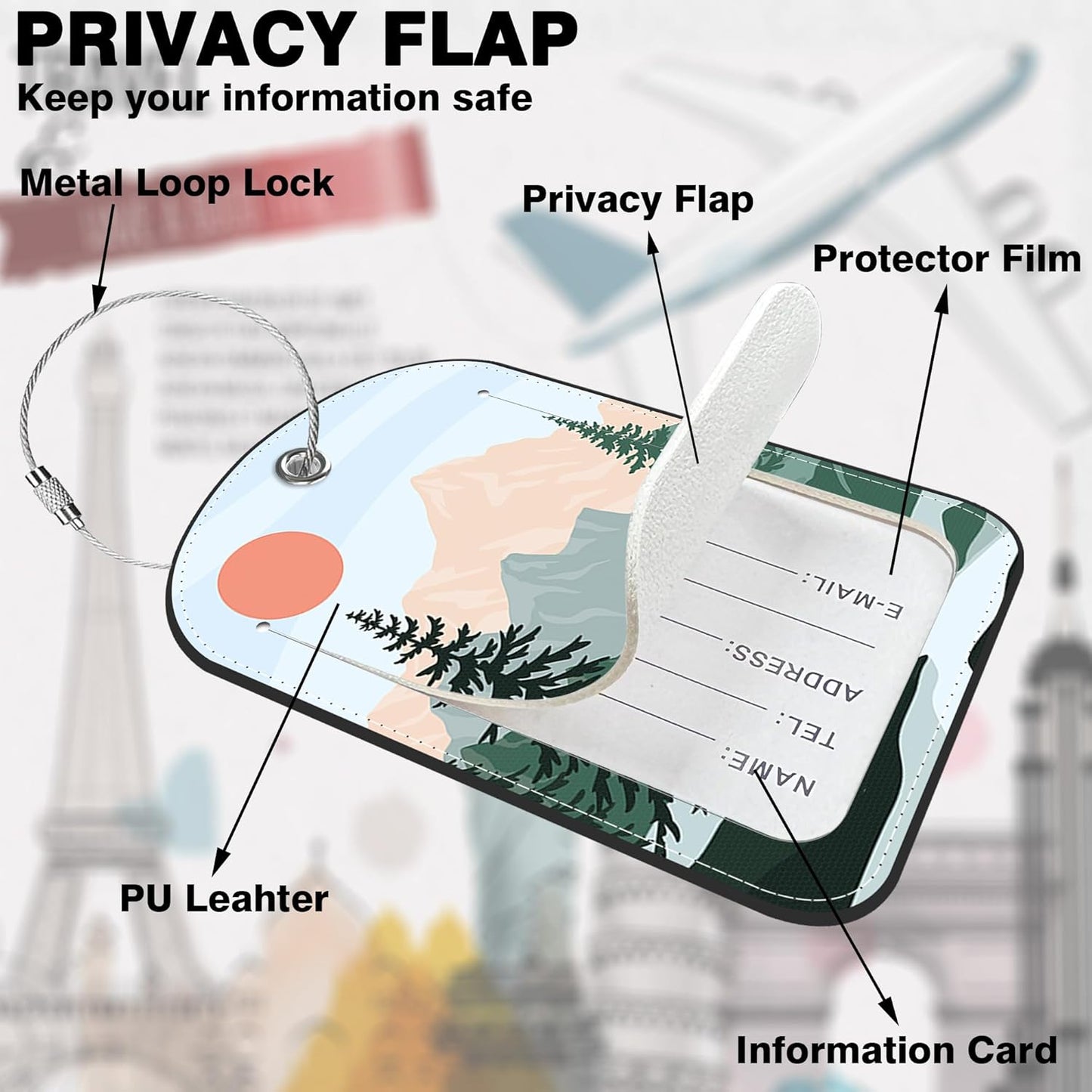 2 Pack Luggage Tag for Suitcase Sun Mountains Tree River Landscape Leather Suitcase Tags with Privacy Name ID Label and Stainless Steel Loop for Travel Bag