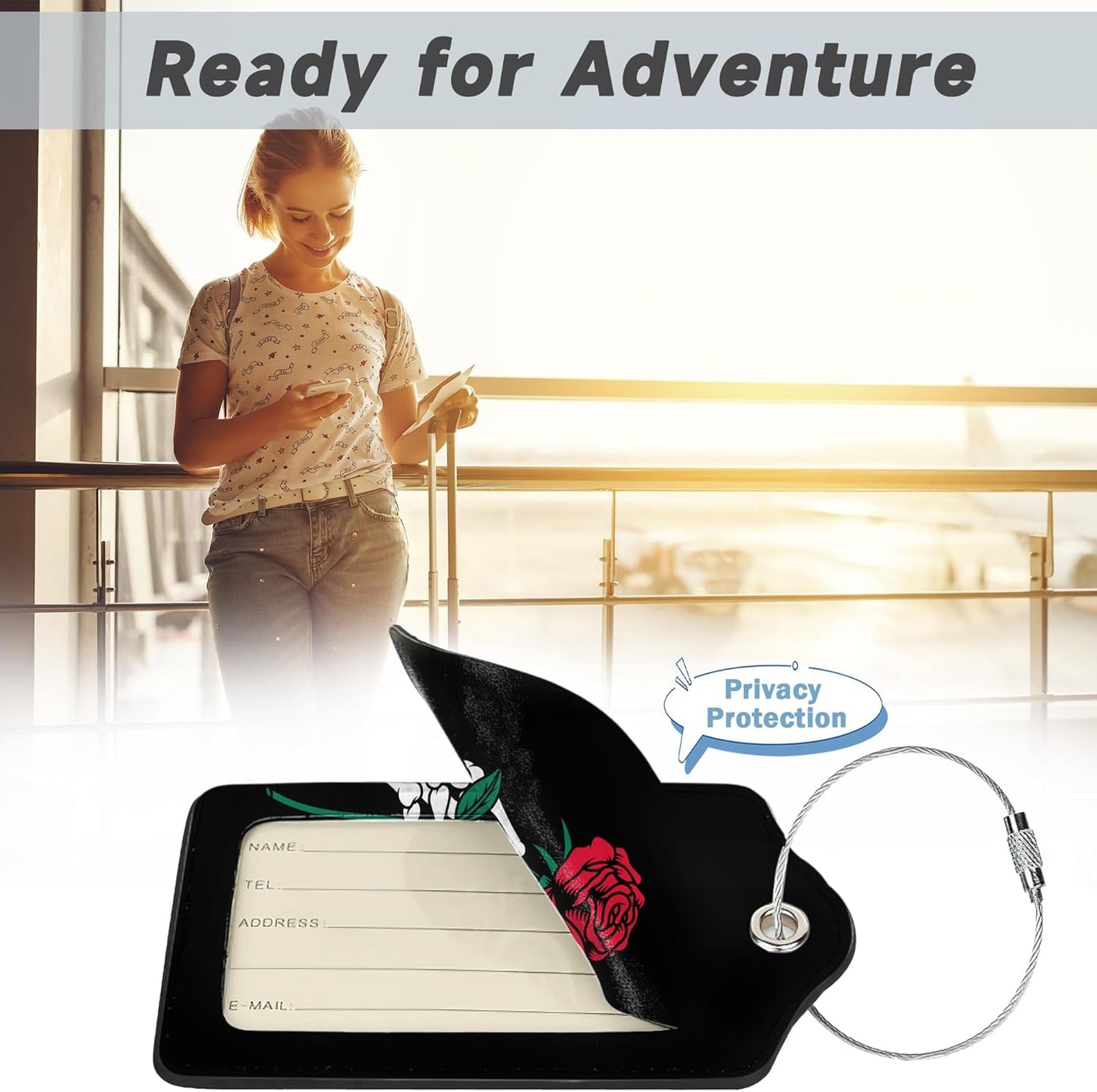 2 Pack Luggage Tag for Suitcase,Skeleton Hand Holding Rose Leather Bag Tags Identifiers Privacy Cover ID Label with Durable Steel Loop for Women Men Kids Girls Travel