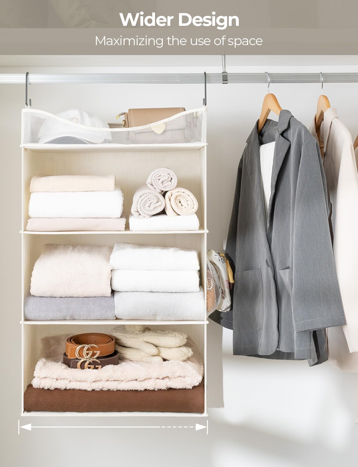 StorageWorks Hanging Closet Organizer, 3-Shelf Hanging Closet Shelves with Top Shelf, 19 ¾"W x 12" D x 31" H, Extra-Large Space, Ivory White