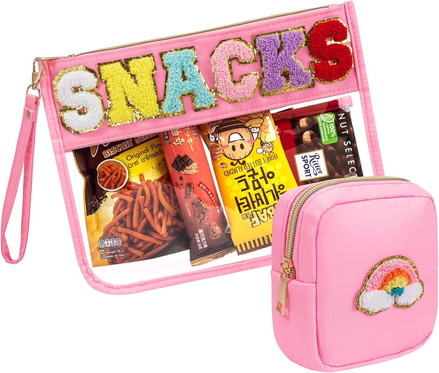 2 Pcs Snack Pouch Chenille Letter Clear Zipper Snack Bag, Nylon Snack Pouch for Travel Clear Makeup Bag Small Cosmetic Bag for Purse Snack Bags for School Waterproof Toiletry Bag