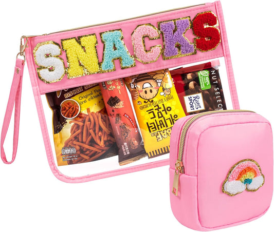 2 Pcs Snack Pouch Chenille Letter Clear Zipper Snack Bag, Nylon Snack Pouch for Travel Clear Makeup Bag Small Cosmetic Bag for Purse Snack Bags for School Waterproof Toiletry Bag