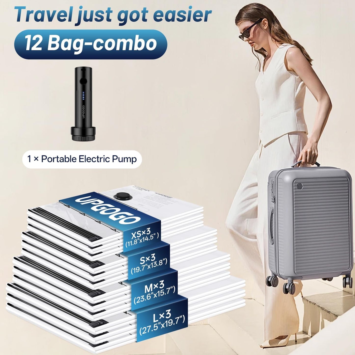 Combo 12 Pack Travel Vacuum Bags for Luggage with Portable Electric Pump,Vacuum Seal Bags for Clothing,Packing Cubes Compression,Cruise Ship and Travel Essentials